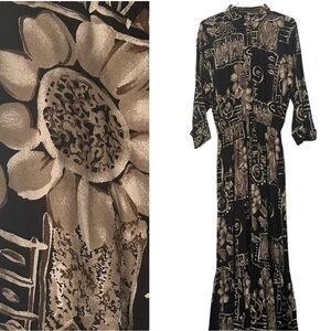 Jan Barboglio Dress Maxi Vintage Artistic Black and Tan Long Sleeve Size 10